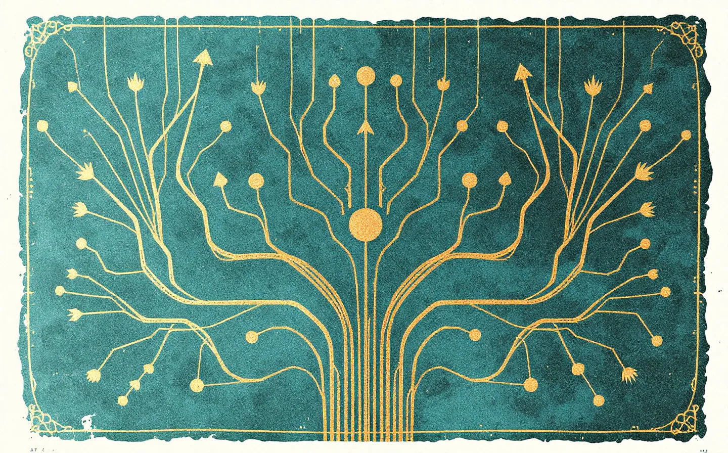 Letterpress-style illustration of an abstract central melanocortin signaling pathway in the brain